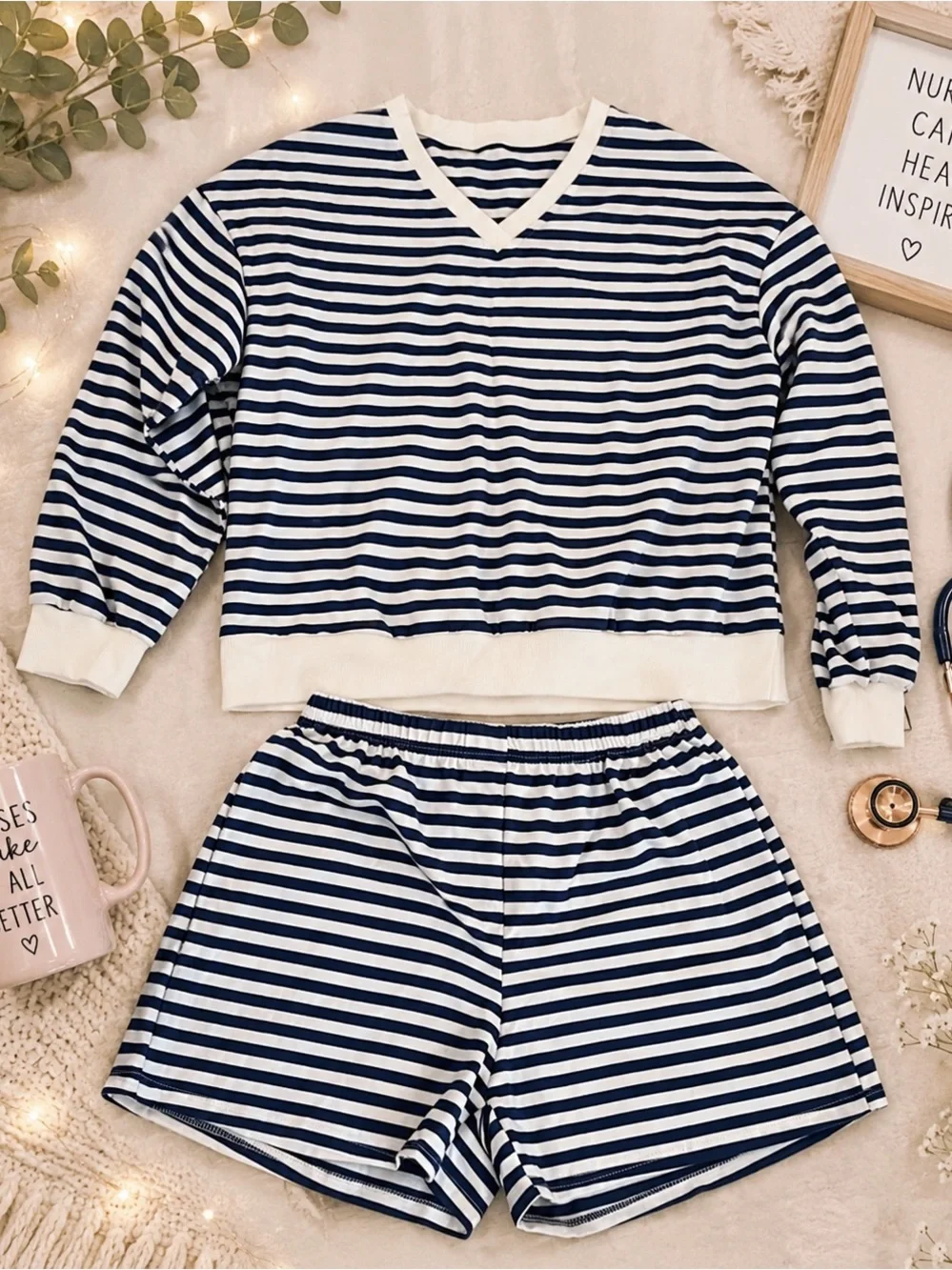 Women’s Navy and White Stripe Lounge Set - Cozy Long Sleeve Top & Shorts